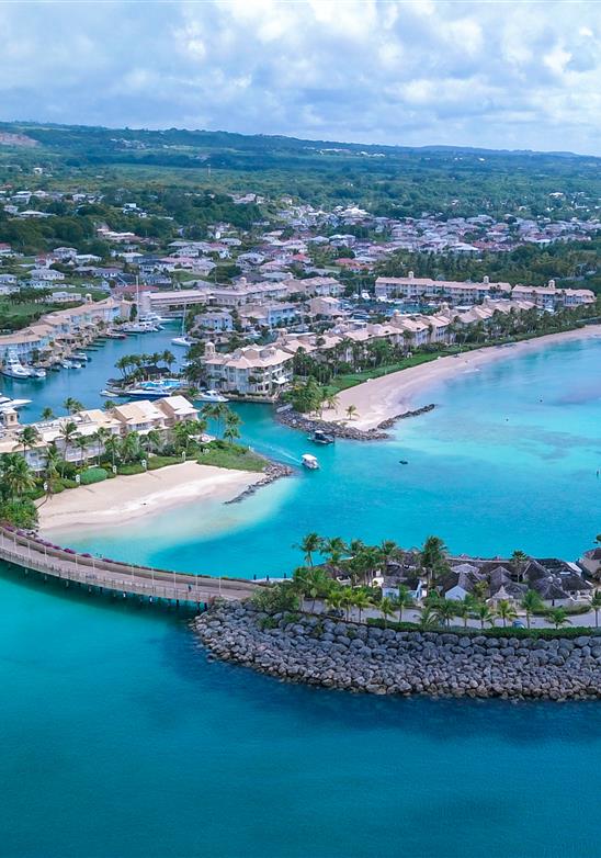Barbados — aerial of waterfront marina and turquoise coastline