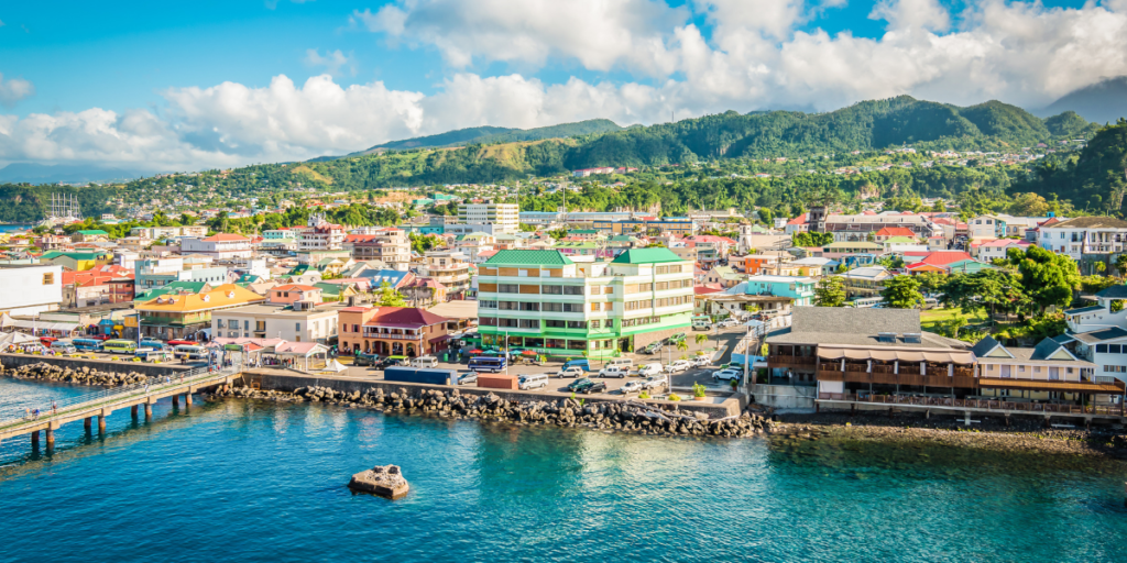 Dominica — Roseau waterfront with lush green mountains