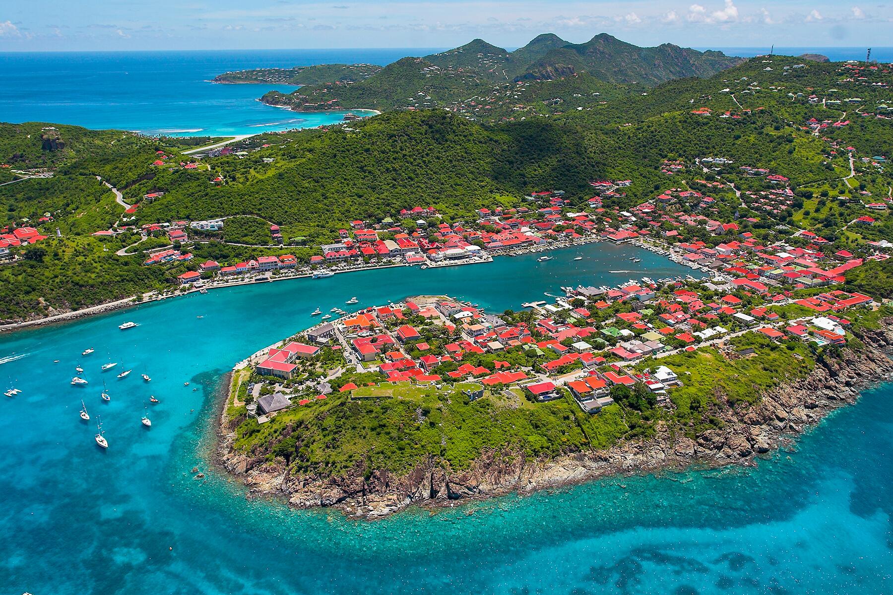 St. Barts — Gustavia harbor aerial with red-roofed buildings