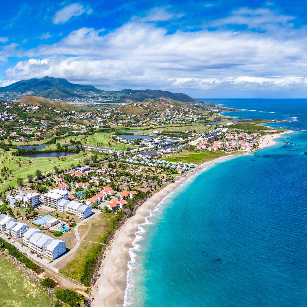 St. Kitts and Nevis — coastal aerial with mountains and beach