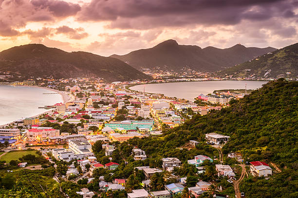 St. Martin / Sint Maarten — aerial view of Philipsburg at sunset
